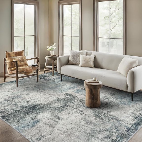 RUUGME Washable Abstract 8X10 Rug: Living Room Area Rugs Non-Slip Backing Neutral Stain Resistant Carpet for Bedroom Farmhouse Large Soft Indoor mats for Dining Room Office Entry 8X10 Blue