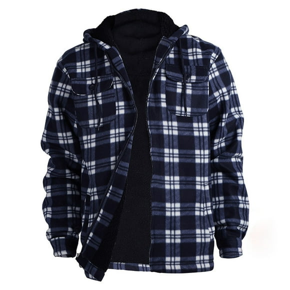 LUOGENLI Hoodies for Men Carhartt Dark Blue Plaid Pattern Hooded Sweatshirt Lined Winter Warm Pullover Outerwear Casual Soft Comfortable Fit Hoodies for Men Cotton Full Zip Navy Size XL