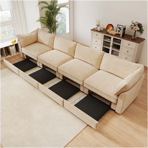 JERFIT 4-Seater Chenille Sofa with Storage Drawers, Crescent Armrests & Wraparound Cushions, Wheat Color