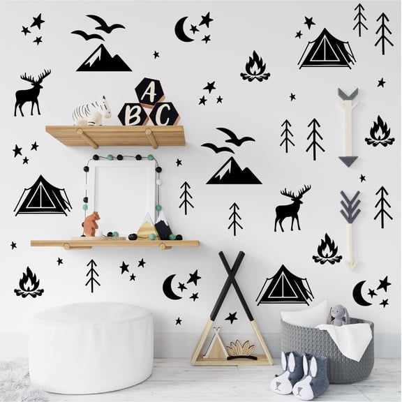 115 Pcs Forest Theme Camping Decals Black Removable Wall Stickers Vinyl Peel and Stick Bedroom Living Room Kids Room Playroom Wall Decor