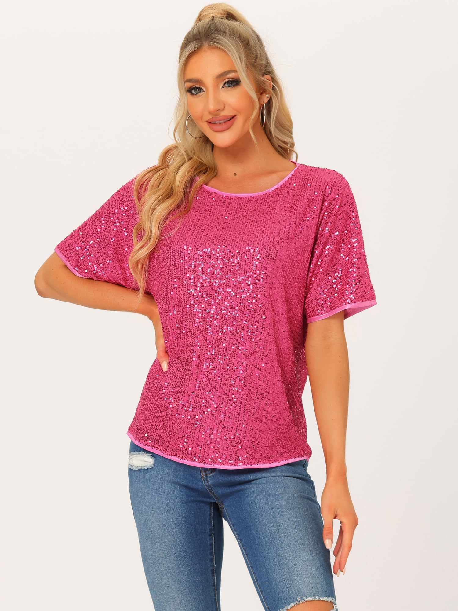 DARING DIVA Women's Costume Sequin Clubwear Blouses T-Shirts S Hot Pink