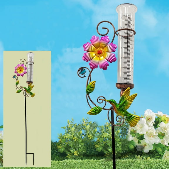 35'' Metal Hummingbird & Flower Rain Gauge Outdoor - Capacity Upgrade Freeze Proof Plastic Rain Gauge with Stake, Hummingbird Rain Gauge, Perfect Garden, Lawn and Patio Decoration