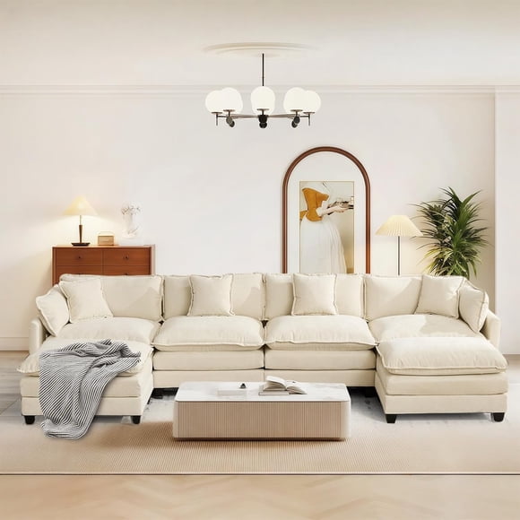 SoarFlash 149.61" Chenille Sectional Sofa, Comfy U Shaped Modular Coush Sofa with Ottoman, Modern 4 Seat Couch Deep Seat Sofa Set for Living Room,Beige