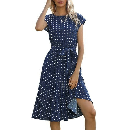 

Seyurigaoka Women s Short Sleeve Dots Dress Round Neck Adjustable Waist Belt Dress Loose Fit Casual One-Piece