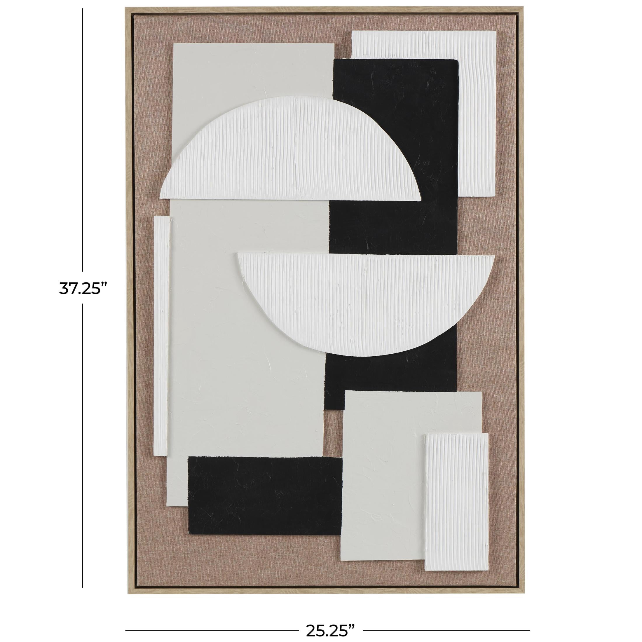 25" x 37" Textured Geometric Framed Wall Art with Abstract Black and White Shapes and Fabric Backing, by DecMode
