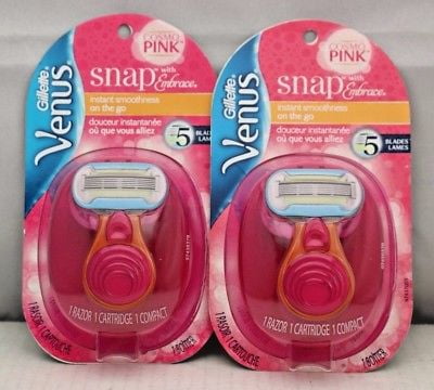 (2x) Gillette Venus Snap Embrace 5 Blade Razor & Travel Container On the Go Pink