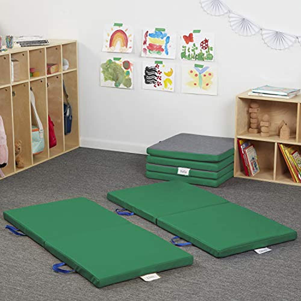 SoftScape Bi-Fold Childrens Rest Nap Mat for Home 4-Pack 2 inch Thick with Name Tag Holder Daycares Classrooms - Red Built-in Handles 