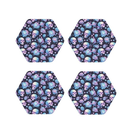 

Matuu flower Skull in starry sky for Cup Coasters Set of 4 Leather Coasters Desk Coasters for Office Measures 4” x 4”-Hexagon