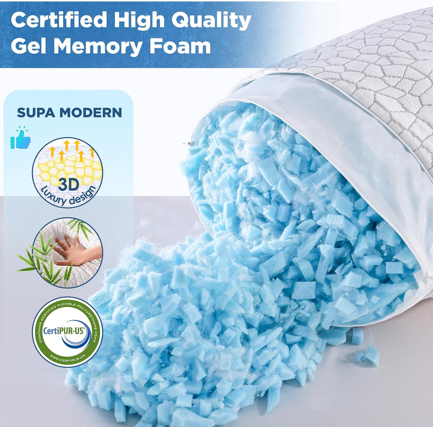 SUPA MODERN Cooling Shredded Memory Foam Bed Pillow, Queen Size 1-Pack, Adjustable Soft and Supportive for Side, Back & Stomach Sleepers