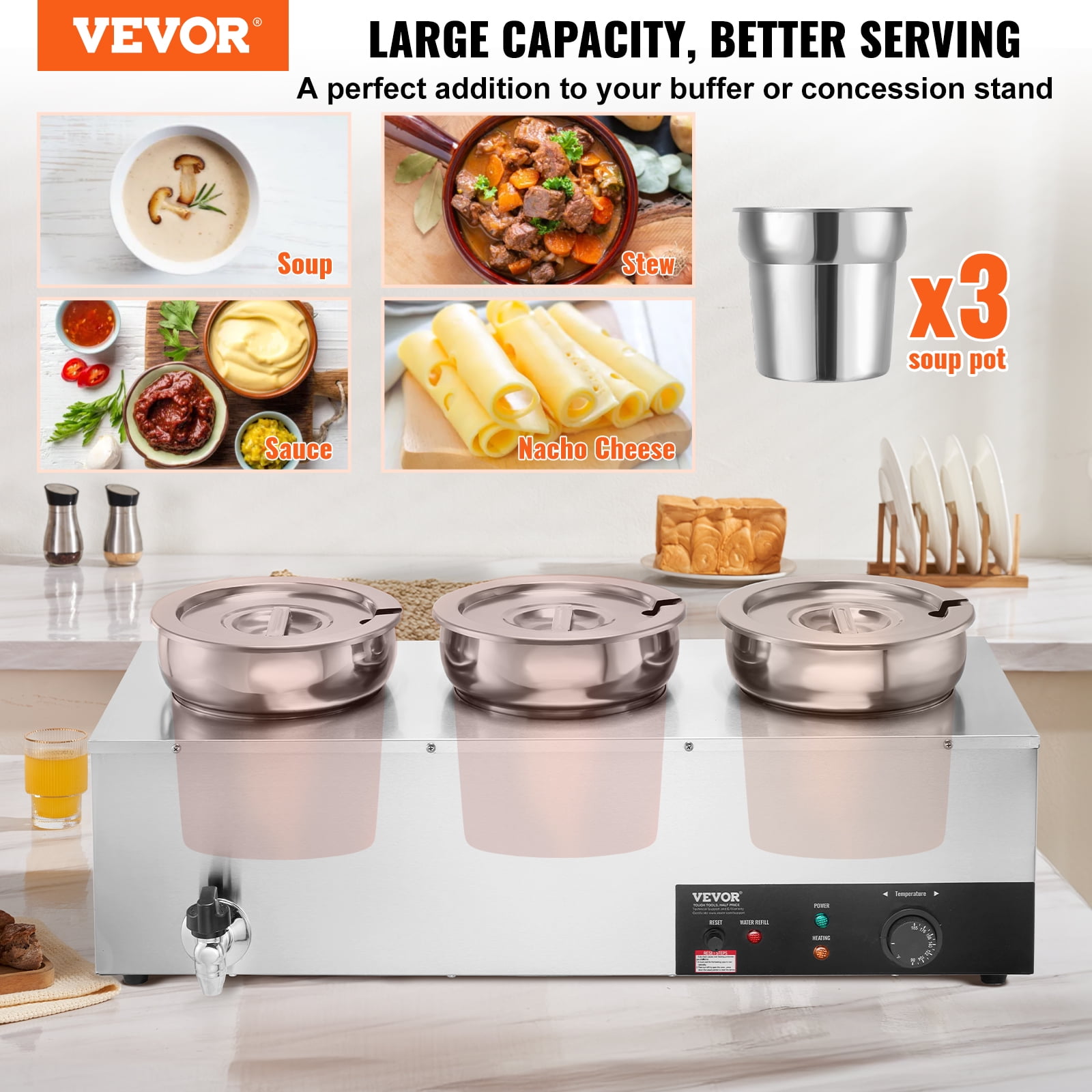 VEVOR Electric Soup Warmer, Three 7.4QT Stainless Steel Round Pot, 1200W Commercial Food Warmer, 86~185°F Adjustable Temp, Bain Marie with Anti-Dry Burn and Reset Button, for Restaurant, Buffet