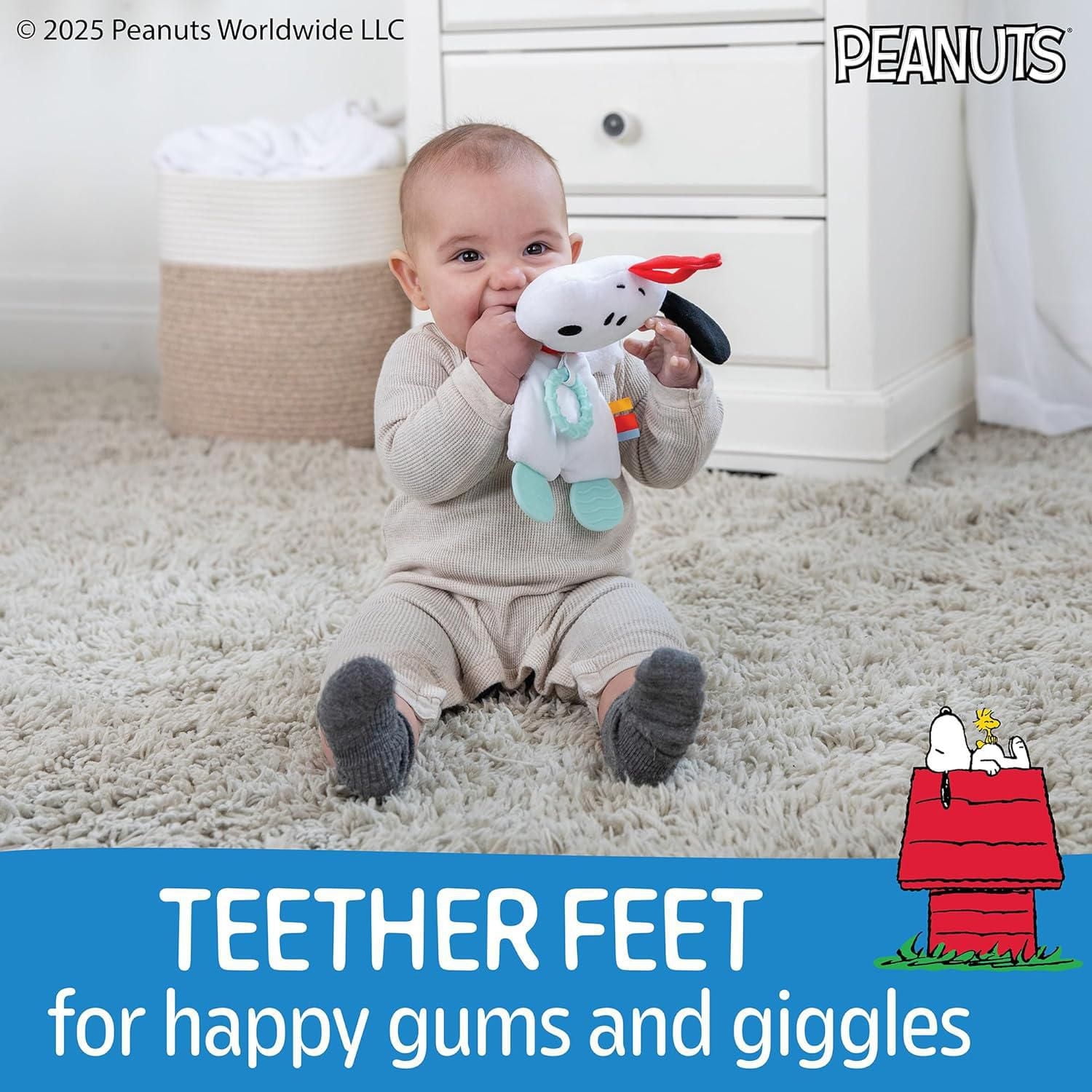 Kids Preferred Peanuts Snoopy Baby Sensory Toy Crinkle Blanket Stuffed Animal for Newborn Infants and Babies Teether Toys with Stroller Car Seat Loop, 12.5 inches