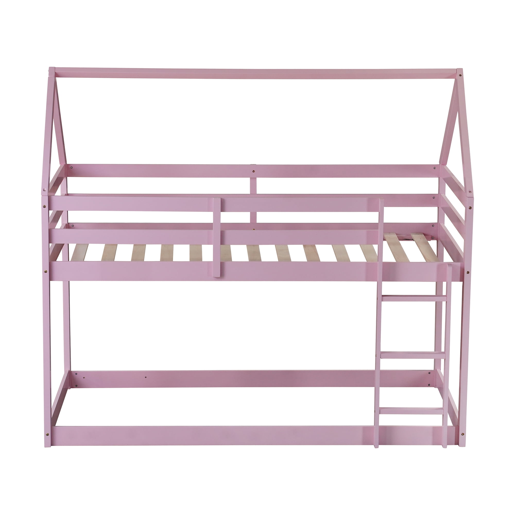 Aukfa Bunk Bed Twin Over Twin, Junior Wooden Floor House Bunk Bed Frame for Kids Boys Girls, Pink