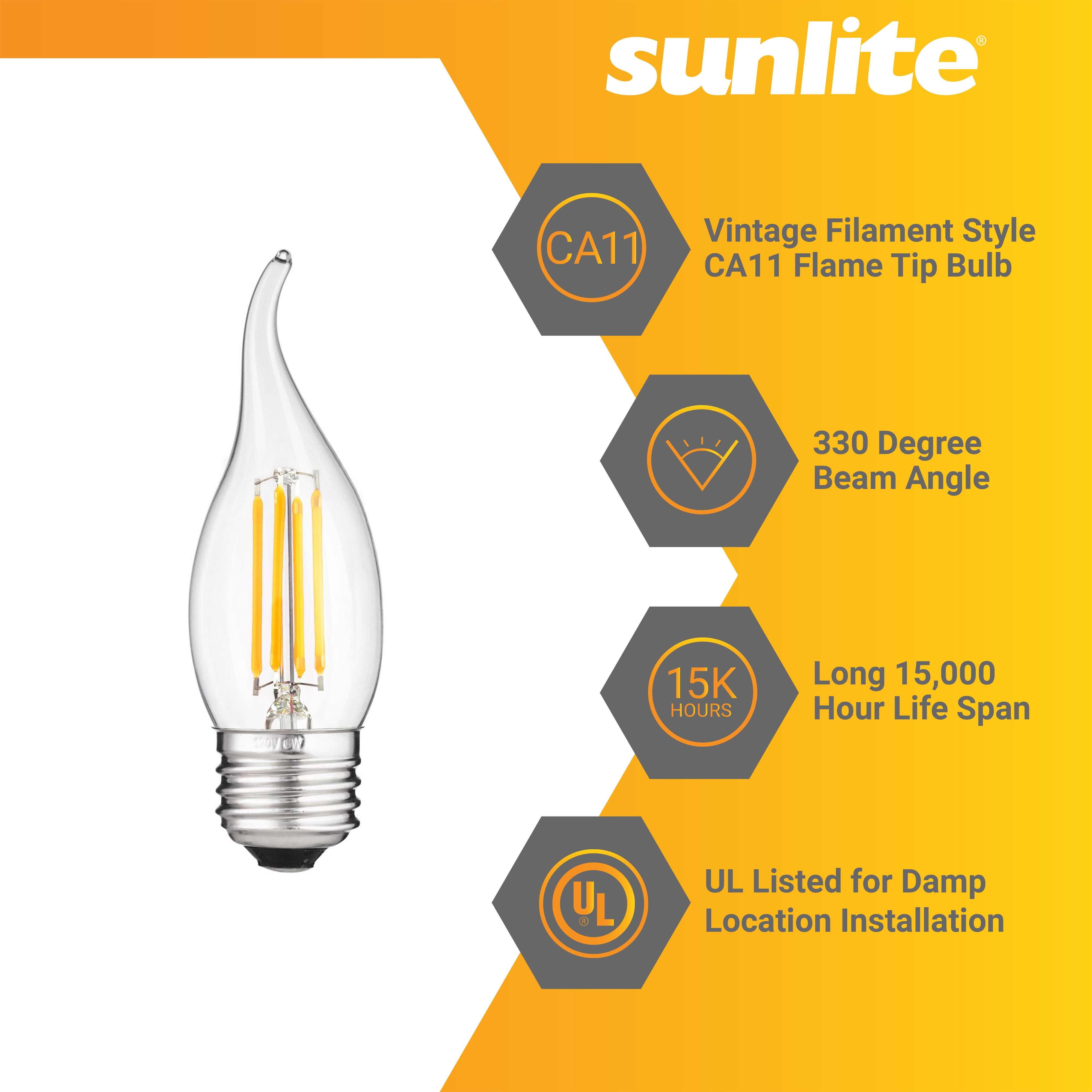 Sunlite LED CA11 Flame Tip Chandelier Light Bulb, 4 Watts (40W Equivalent), Medium E26 Base, Dimmable, Edison Style, 2700K Warm White, 6 Pack