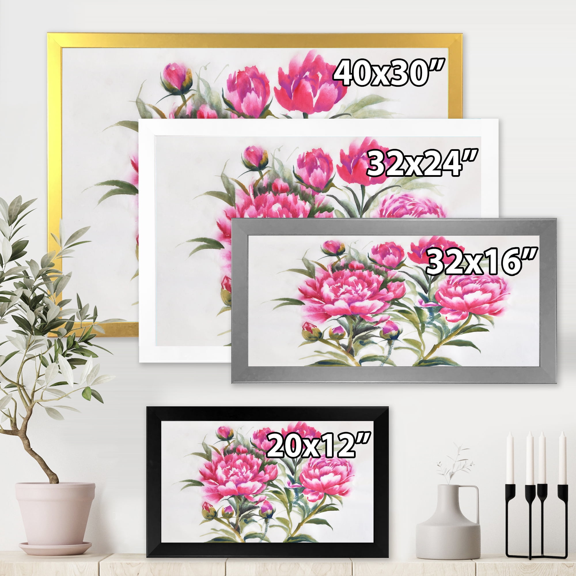 Designart 'Purple Peonies Flowers' Traditional Framed Art Print