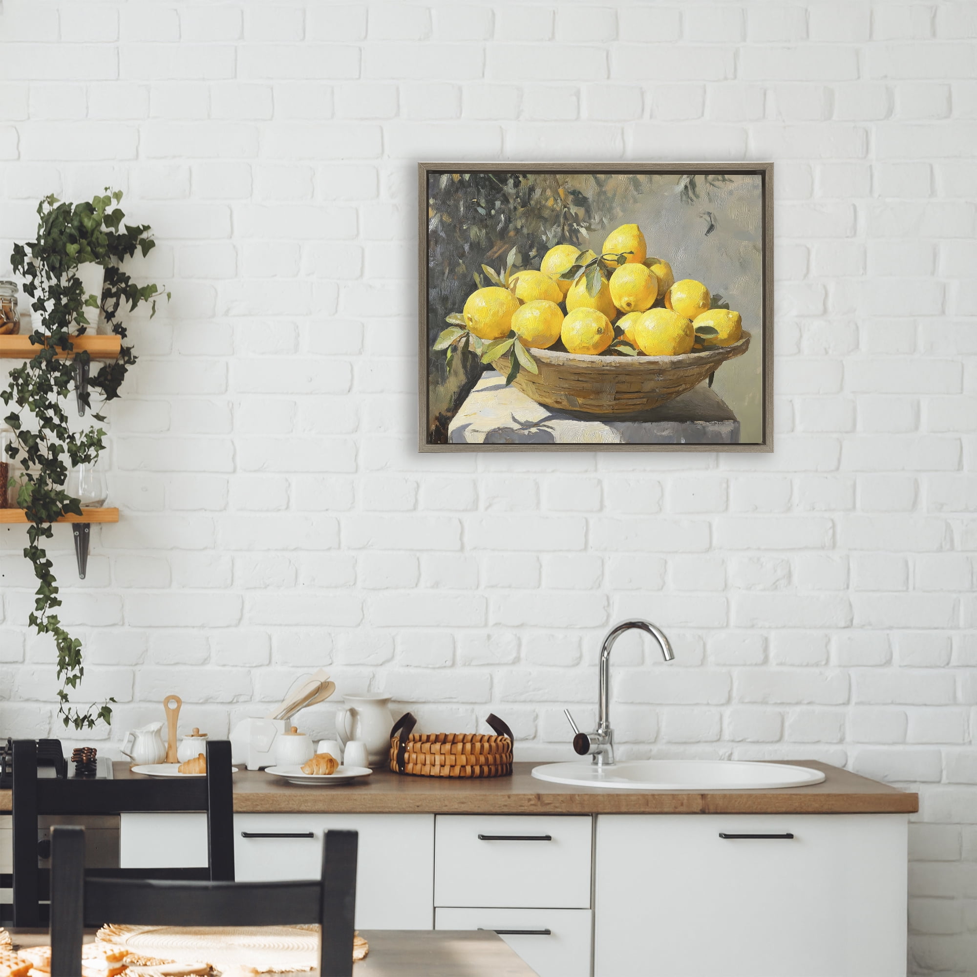 Stupell Industries Basket of Lemons in Sunlight Brown Framed Floater Canvas Wall Art, design by Creative Studio