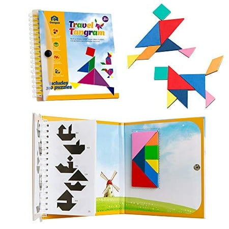 Coogam Casse-Tête Tangram de Voyage - Livre de Blocs à Motifs Magnétiques Jeu de Road Trip Casse-Tête Formes Dissection Jeux STIM avec Solution pour Enfant Adulte Défi -