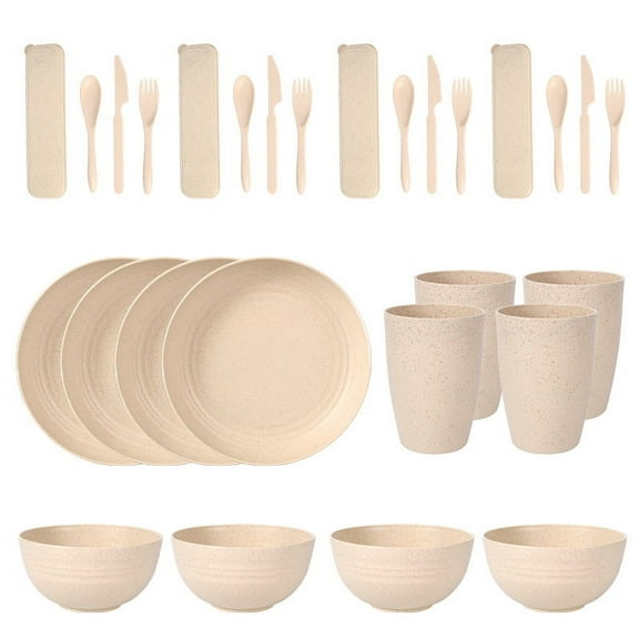 Firefly Hope 28pcs 4 Person Wheat Straw Dinnerware Set, Lightweight Unbreakable Plates, Cups & Bowls, Eco-Friendly Dinnerware with Microwave for Picnics, Dorms & Camping -Beige