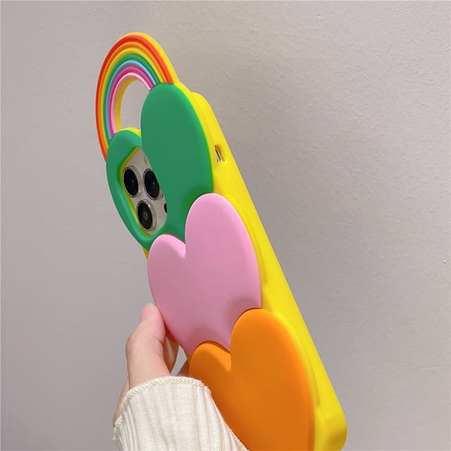 Funda de silicona para teléfono móvil, carcasa suave con correa para el cuello, arcoíris, 3D, superposición, corazón, muñeca, 14 Pro Max, 11, 12, 13 Pro Max, 7, 8 plus, X, Se Fivean unisex