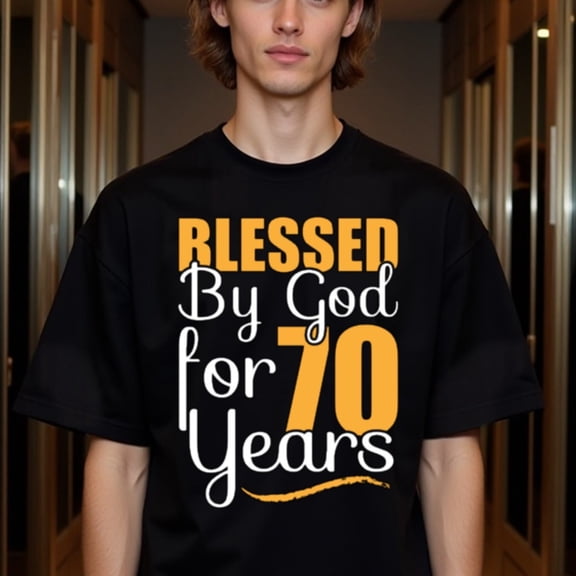 Natee Men'S 70th Birthday Gift Thirt - Blessed by God for 70 Years - Heavyweight 180gsm Cotton Crew Neck Tee - Religious Birthday Present for Grandpa, Dad - Everyday Casual Shirt - Deal, Faithbased