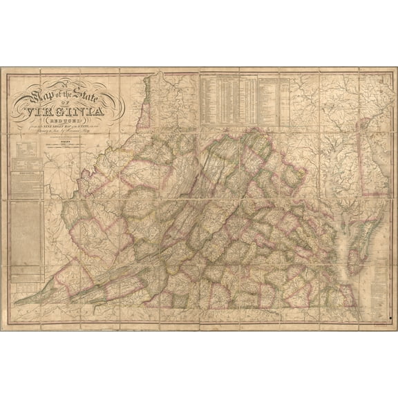 24"x36" Gallery Poster, Map of the State of Virginia 1827