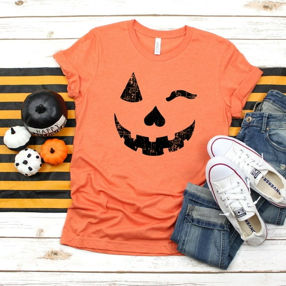 Hot Trending Funny Halloween Shirt, Winking Pumpkin Face, Womens Cute costume, graphic Tee, Halloween costume idea, party clothing, Unisex tshirt,pumpkin Design Preview Only