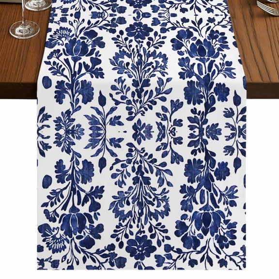 Blue Spring Floral 90 Inch Table Runner, Summer Botanical Farmhouse Farmhouse Dresser Scarf Cotton & Linen Tablerunner for Dining/Kitchen Island/Holiday Party Décor 13" x 90"