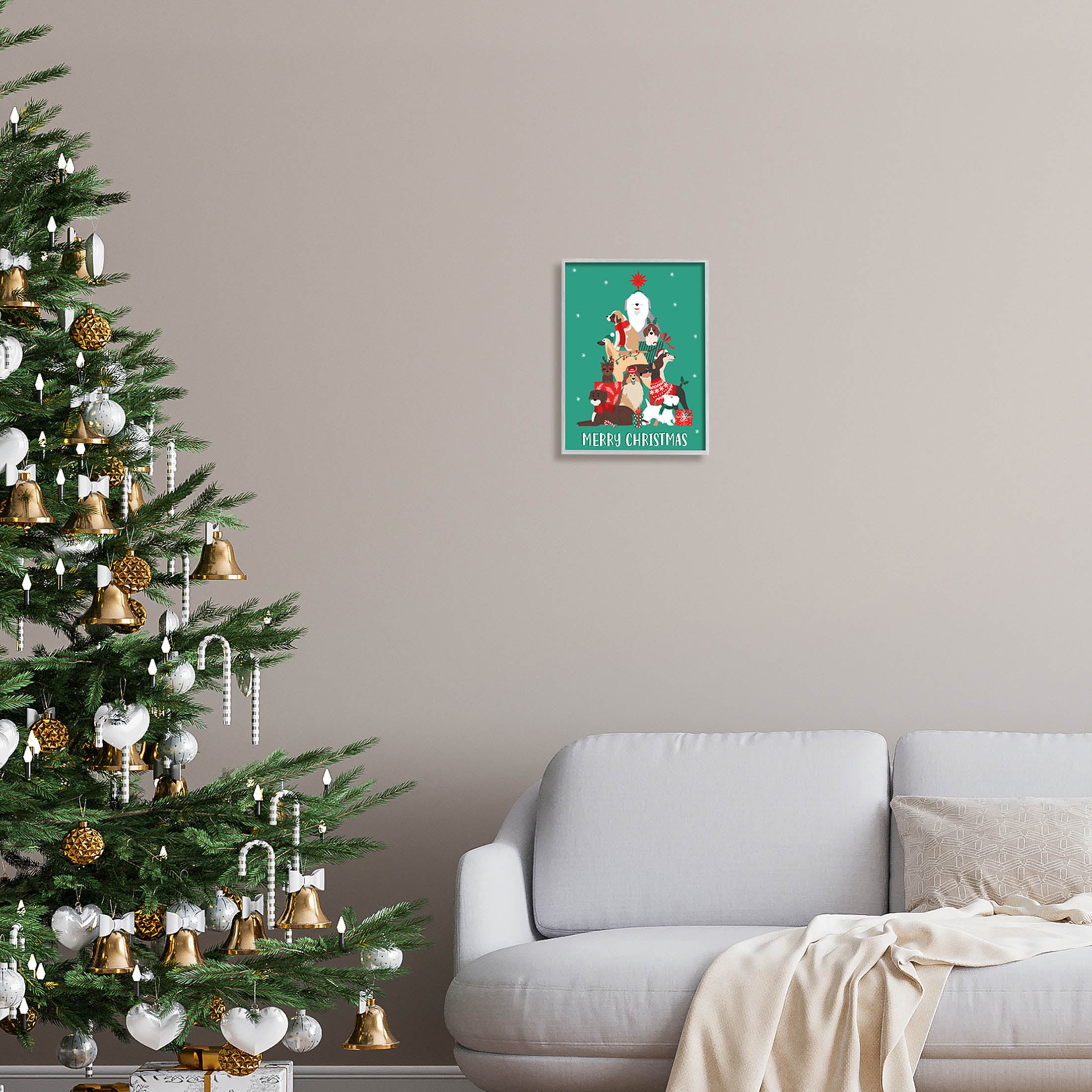 Merry Christmas Happy Dog Gifts Holiday Graphic Art Gray Framed Art Print Wall Art
