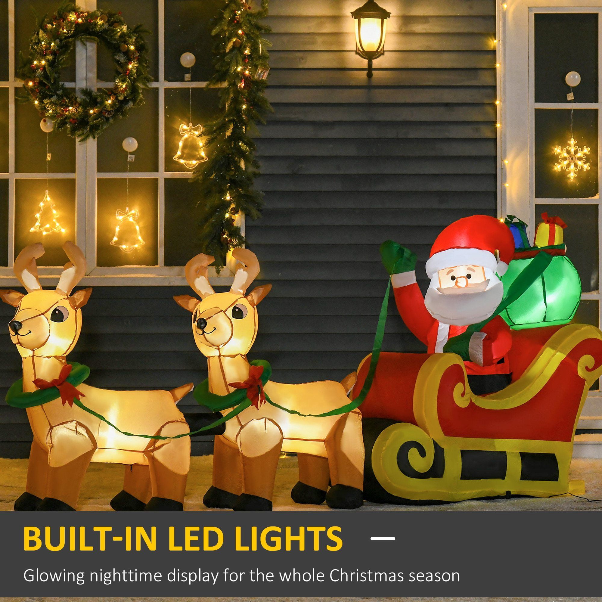 Christmas Inflatable Santa Claus with Sleigh and Reindeer, 8 ft Outdoor Blow-Up Yard Decoration with Built-In LED Lights, Polyester