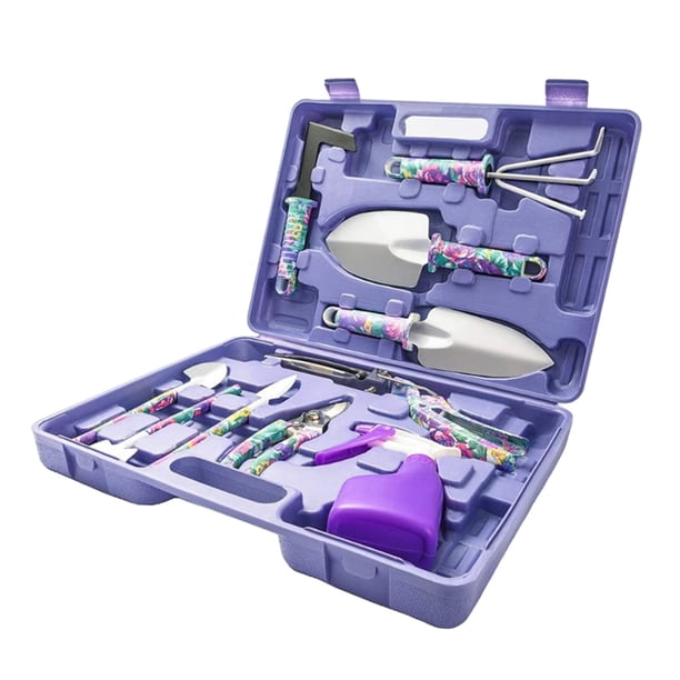 Juego De Herramientas De Jardín 10 Piezas Con Caja Morada - Incluye Pala, Tijeras, Rastrillo Y Rociador | Set Regalo Para Jardinería Mujer