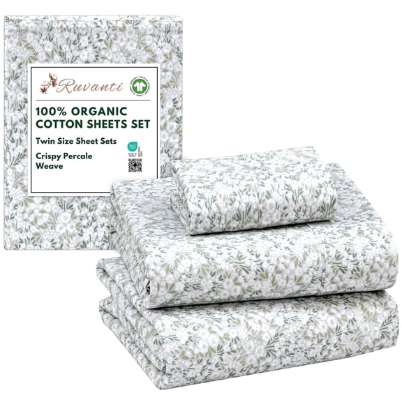 RUVANTI 100% Organic Cotton Sheets - Twin Sheet Set - 3 Piece Percale Weave Bedding, Crisp, Cooling & Breathable, Soft & Durable, 16" Deep Pocket, Hotel Quality Sábanas - Floral Rush