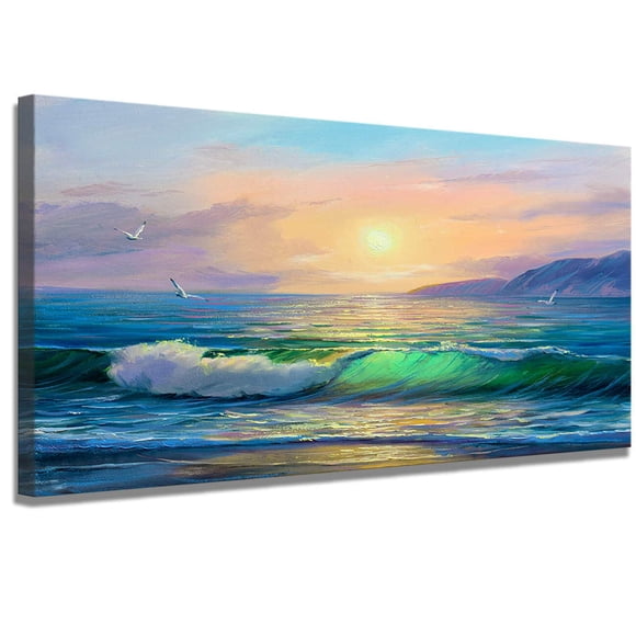 art Mural de Salon Moderne Décoration Murale de Plage Image de Plage sur les Vagues de la Mer illustration Peinture à l'Huile sur Toile 24x48 Grand Cadre en Toile Image Océan Maison Bureau Chambre art Mural