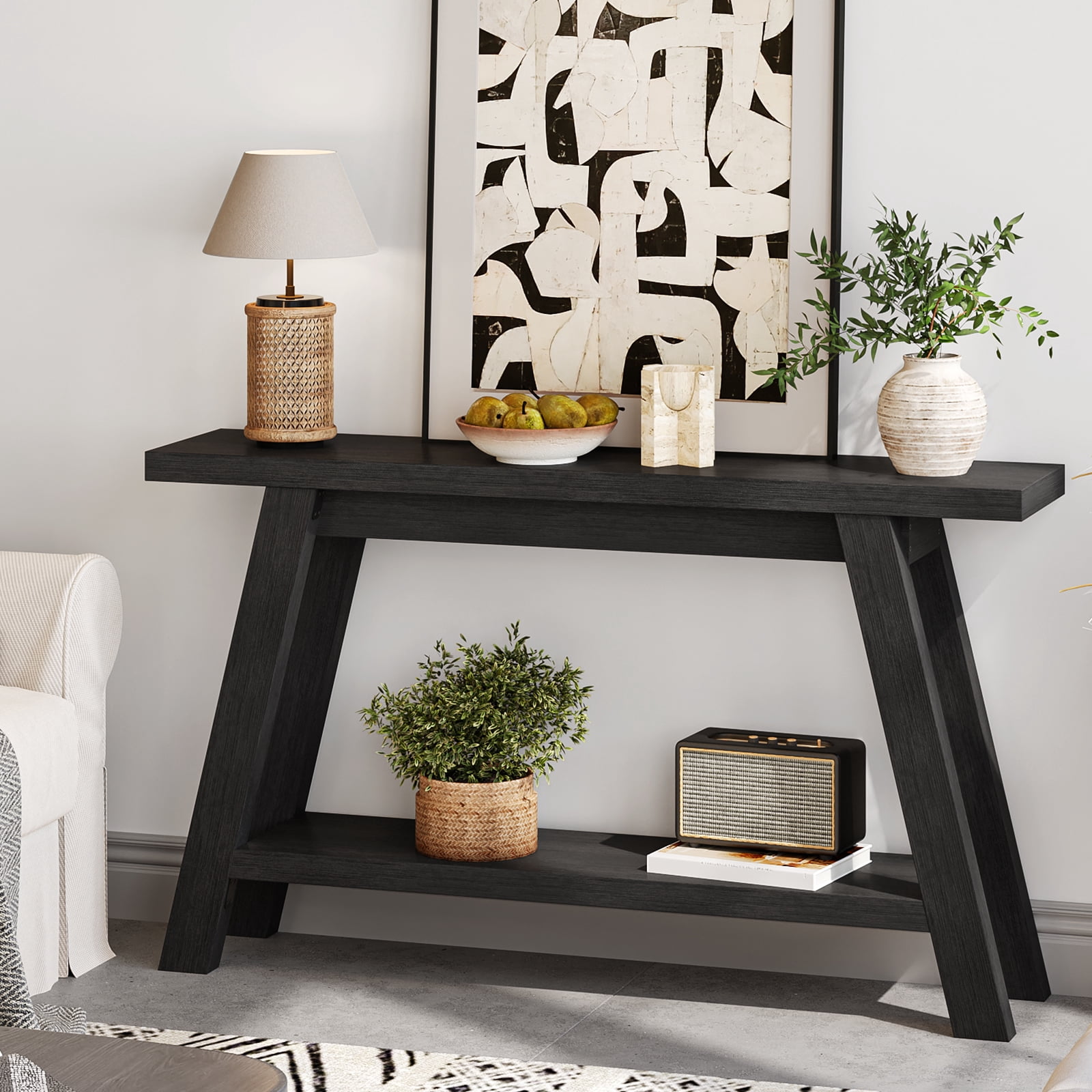 54" Farmhouse 2-Tier Console Table ,Wooden Entryway Sofa Table, Black