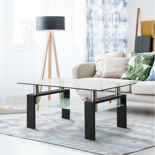 Rectangle Glass Coffee Table Modern Side Center Tables for Living Room
