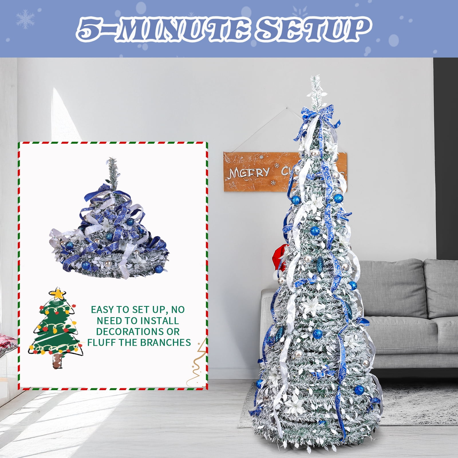 7ft Snow Flocked Pop-Up Christmas Tree with 200 LED Lights 8 Modes