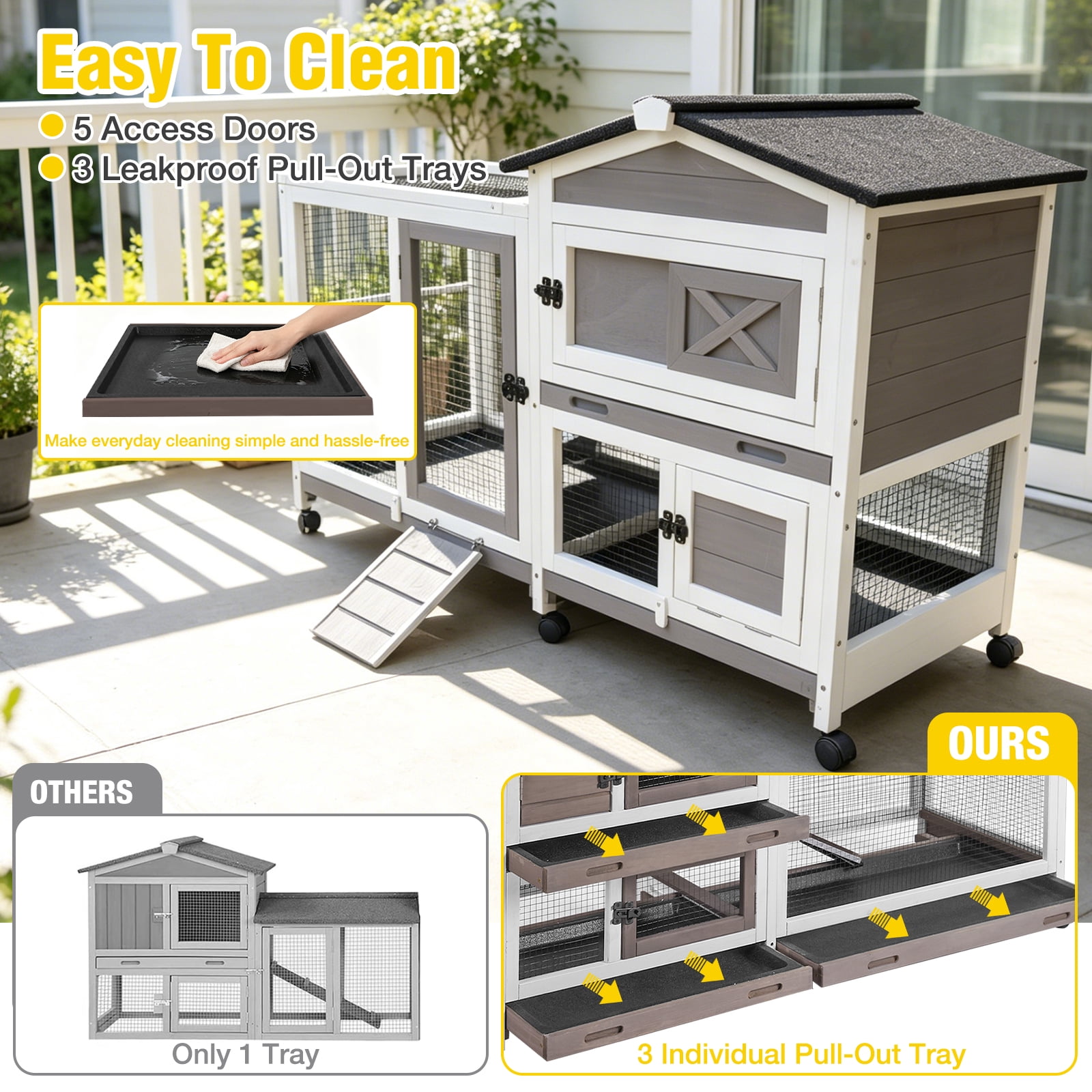 Aivituvin Rabbit Hutch with Wheels for Outdoor & Indoor, 2-Story Bunny Cage Guinea Pig House with Pull Out Tray for Rabbits, Gray