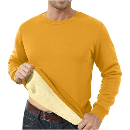 Ceisia Men Thick Fleece Lined Crew Neck Long Sleeve Thermal Basic Undershirt Warm Winter Base Layer (Yellow S) Father s Day Gift