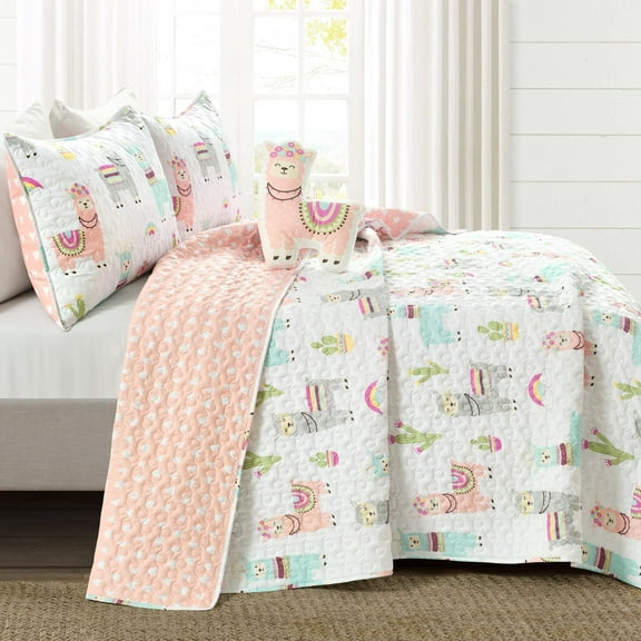 Lush Decor Southwest Llama Cactus Quilt, 4 Piece Set, Full/ Queen, White & Blush - Cute Kids Reversible Boho Toddler Bedding Set
