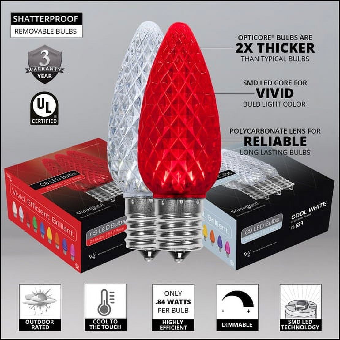 OptiCore C9 Red and White Christmas Lights (Cool White), LED String Lights with Shatterproof Christmas Bulbs, 50 Lights, 50ft