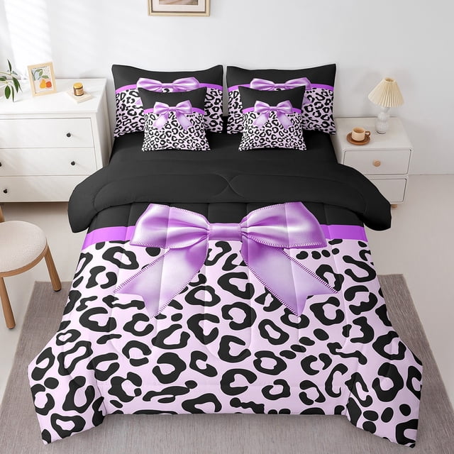 Erosebridal Ensembles de Literie Nœud de Princesse Format Très Grand, Ensemble de Lit Imprimé Guépard Violet, Réversible 7 Pcs