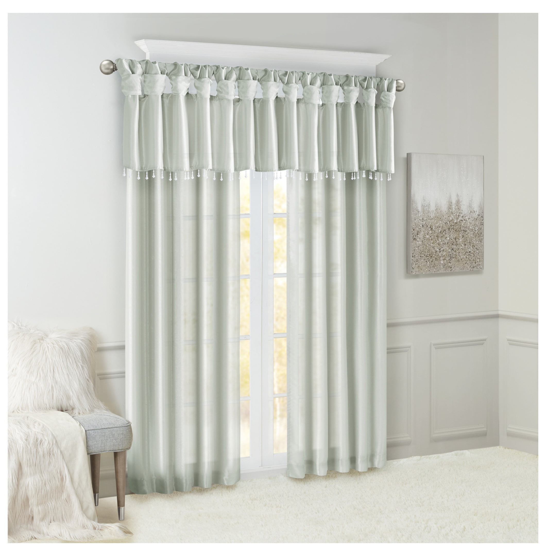 Lightweight Faux Silk Valance With Beads Dusty Aqua 50x26"