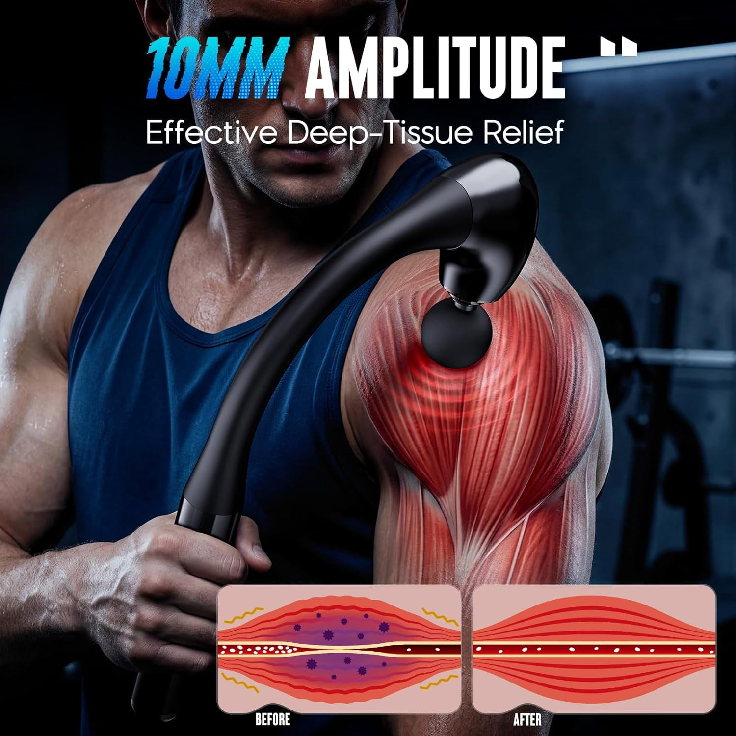 Deep Tissue Massage Gun with Extension Handle 10mm Percussion Muscle Massager for Neck Shoulders Back Legs Portable Pain Relief Device