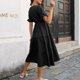 thumbnail image 4 of Vestido largo de mujer con cuello en V, manga corta, dobladillo con volantes, vestido casual de color puro para uso diario, 4 of 7
