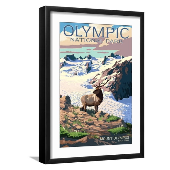 Art.com Mt. Olympus and Elk - Olympic National Park, Washington Art Print by Lantern Press, Black Frame Wall Art, 17" x 23"