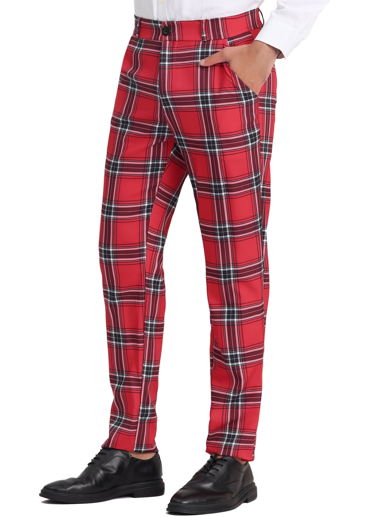 Unique Bargains Men's Checked Suit Pants Flat Front Elastic Waist Plaid Pants 34 Red
