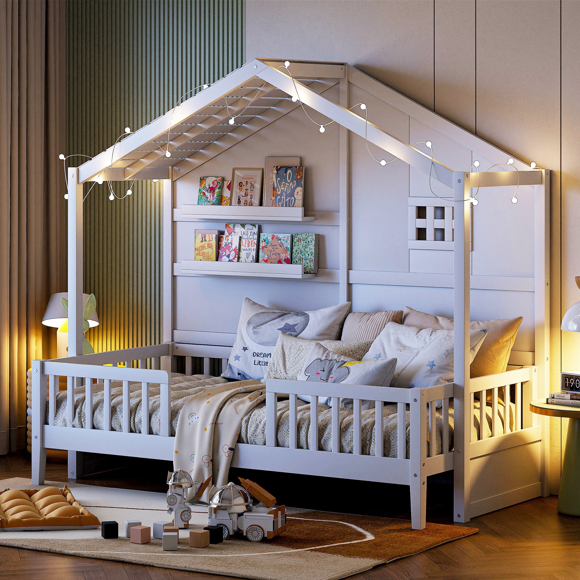 Mintazer Twin House Bed with LED String Lights & Storage Shelves, Toddler Montessori Bed Frame with Guardrails for Kids, White