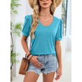 thumbnail image 4 of Womens Summer Shirt V Neck Casual Tshirts Puff Sleeve Tops for Women Solid Color XS-3XL Lake Blue M, 4 of 8