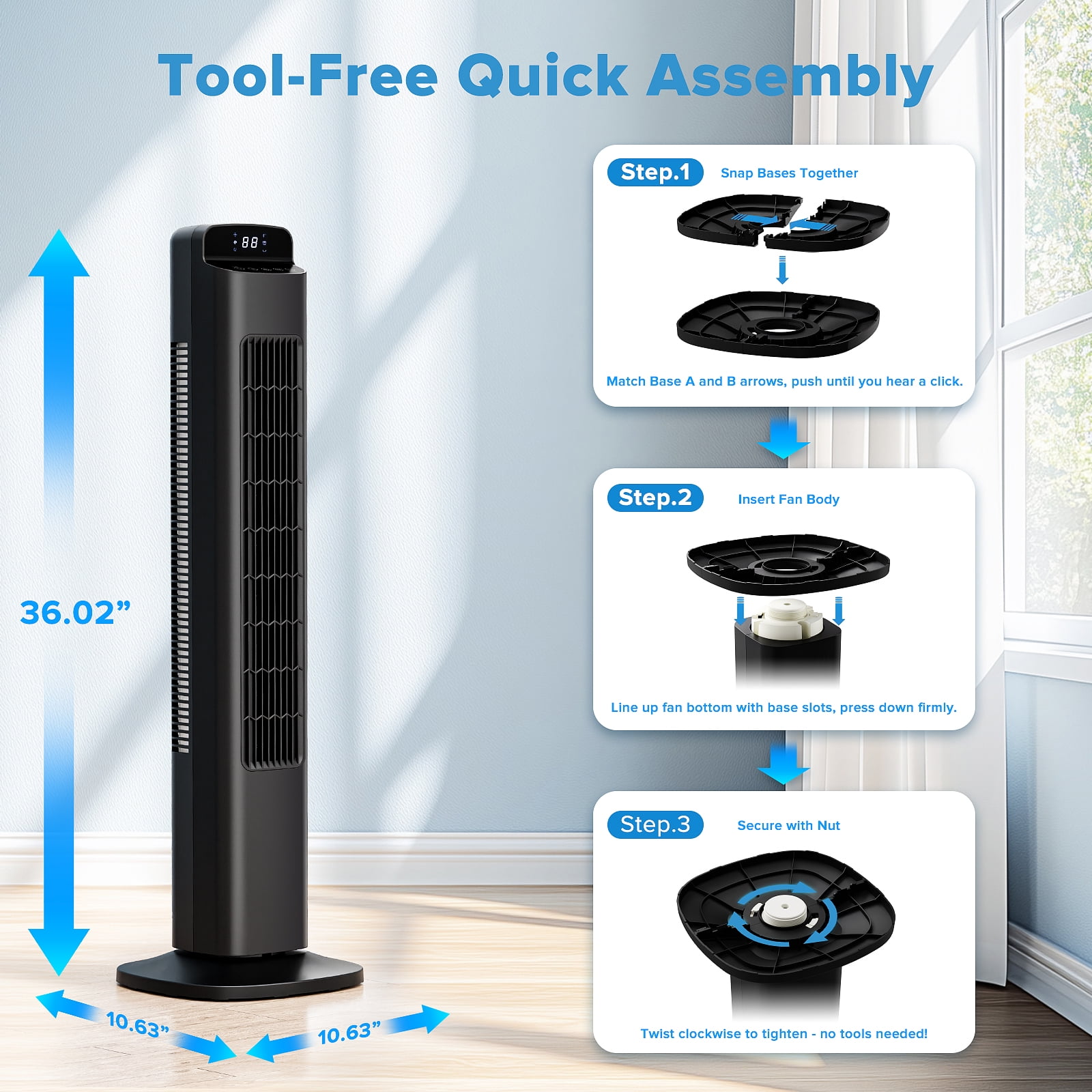 Moifoi 37 inch Tower Fan for Home, 80°Oscillating Bladeless Standing Floor Fan for Large Room, 6Speeds 4 Modes ,12H Timer with Remote,Black
