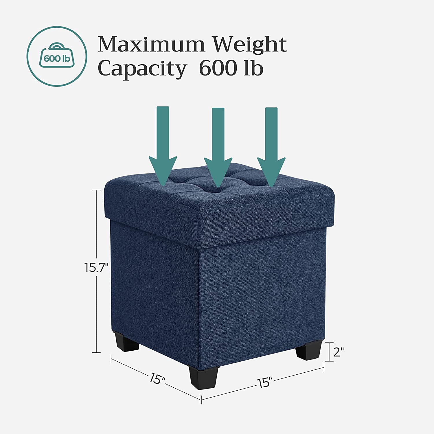 SONGMICS Storage Ottoman, 15" Padded Folding Bench, Chest with Lid, Navy Blue