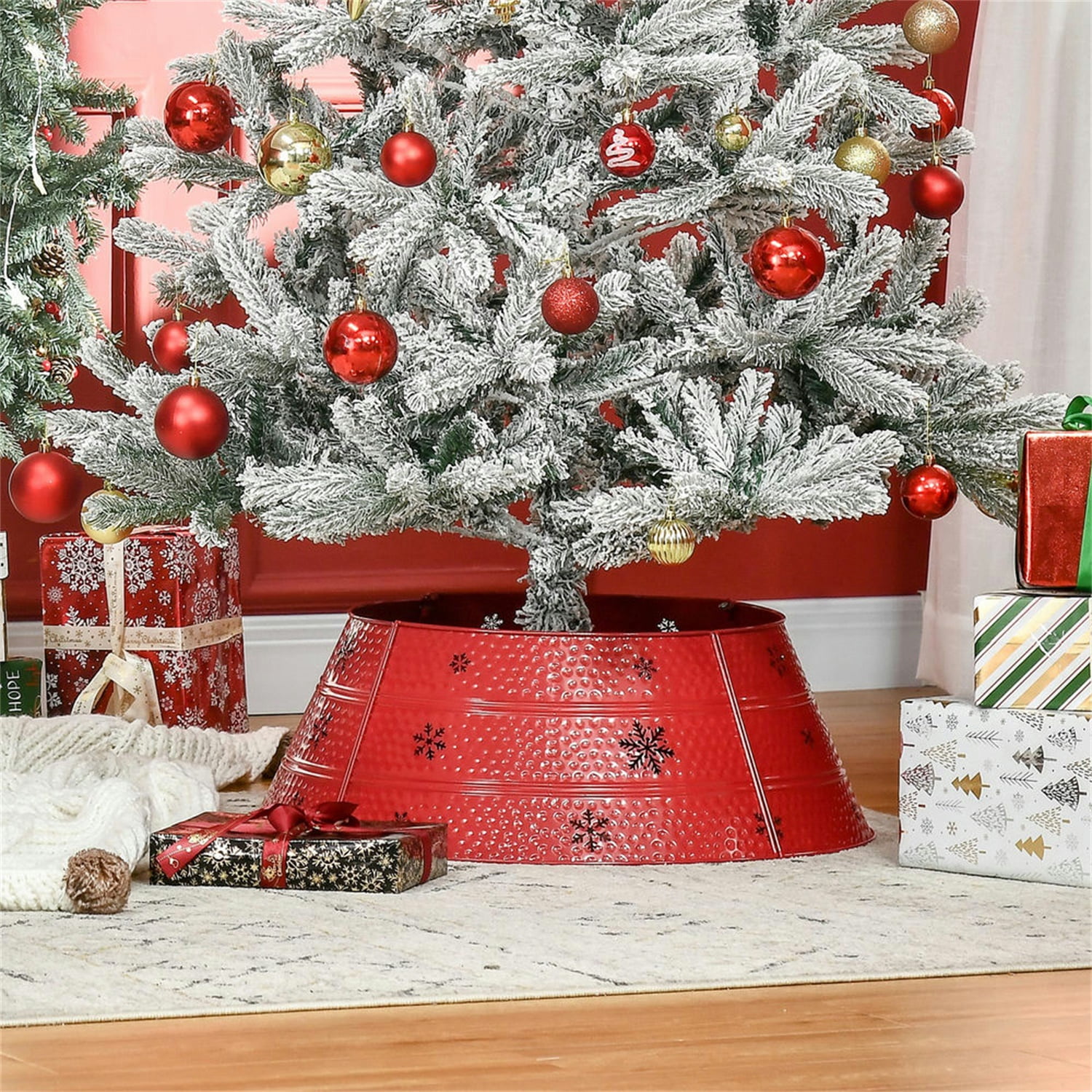 Hommoo Christmas Tree Collar, Steel Tree Ring Skirt, Home Xmas Decoration for Christmas Tree, 26" x 26" x 9", Red