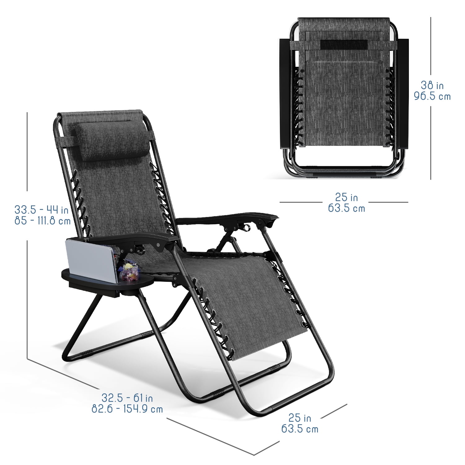 LammaLoe Zero Gravity Chair Set of 2, Outdoor Lounge Chairs with Cup Holder, Gray